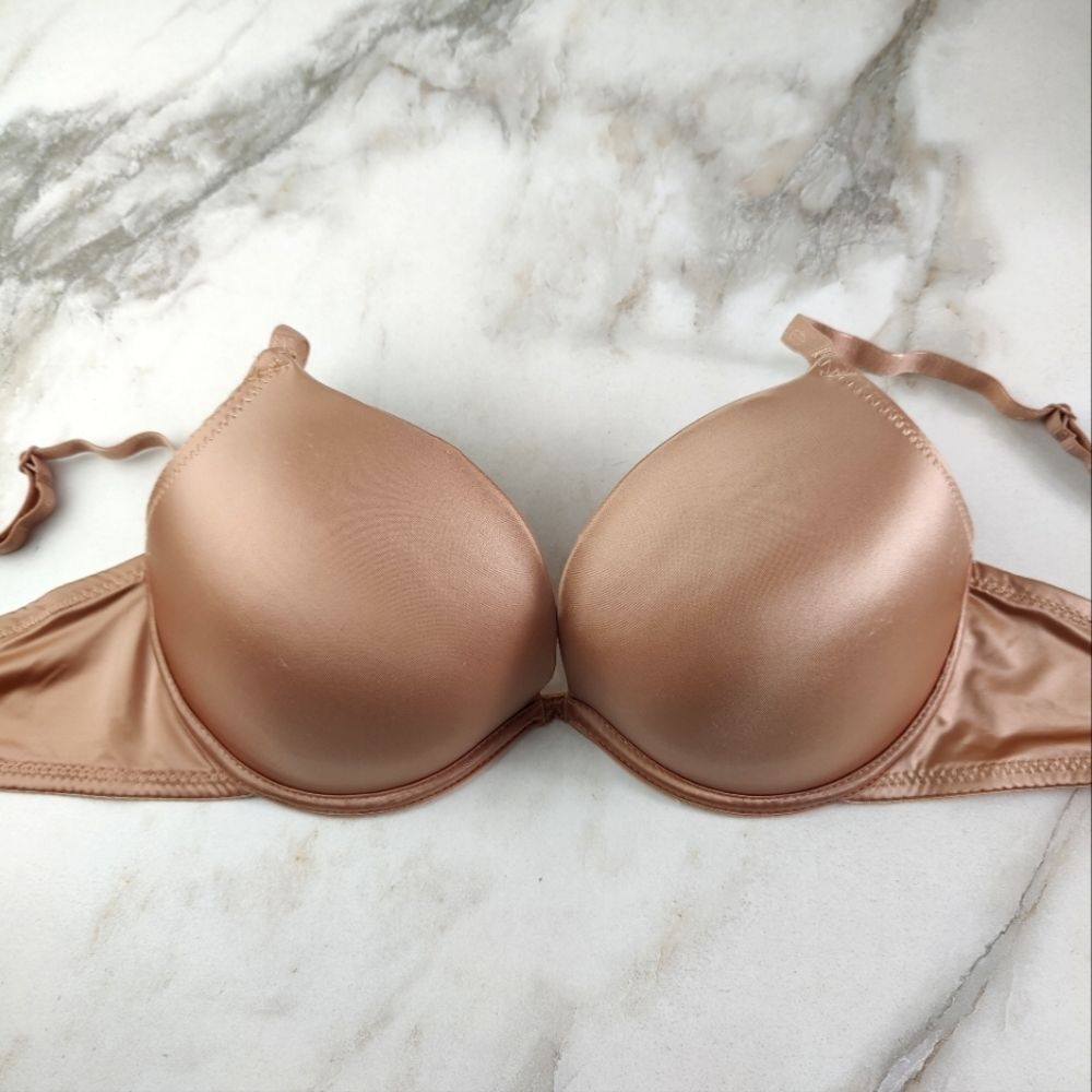VTG Y2K Bebe Nude/Tan Satin Logo Strap Push Up Bra, Sz 34C